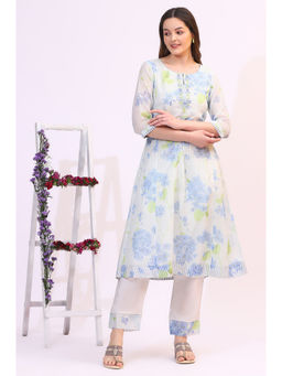 W - Floral Printed Flared Kota White Kurta and Straight Pant (Set of 2)
