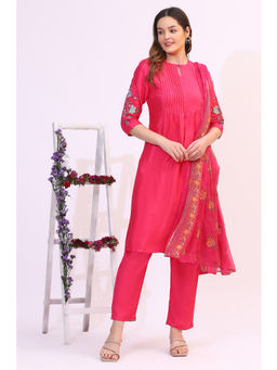 W - Pink Solid Floral Embroidered Shantung Kurta with Pant & Dupatta (Set of 3)