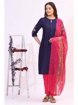 W - Navy Blue Solid Floral Embroidered Shantung Kurta with Pant & Dupatta (Set of 3)