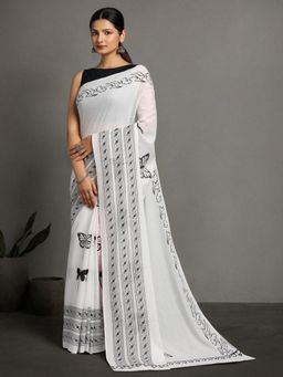 ArtEastri - Handloom White Black Cotton Butterfly Print Saree with Unstitched Blouse