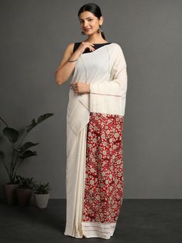 ArtEastri - Handloom White Red Ajrak Print Khesh Cotton Saree with Unstitched Blouse