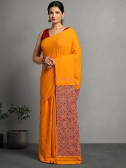 ArtEastri - Handloom Yellow Red Ajrak Print Khesh Cotton Saree with Unstitched Blouse