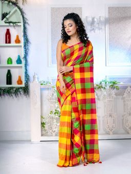 CHARUKRITI - Multicolour Pure Cotton Handwoven Soft Saree with Box Design with Unstitched Blouse