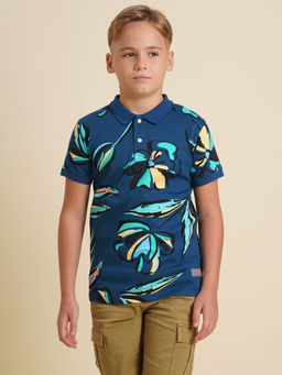 Jack & Jones Junior - Boys Blue Floral Print Blue Polo T-Shirt