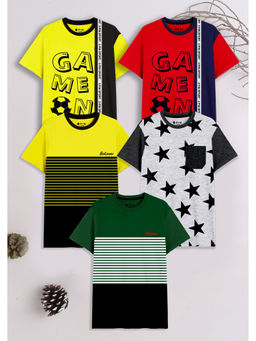 3PIN - Boys Multi-Color Cotton Printed Crew Neck T-Shirts