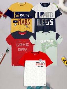 3PIN - Boys Multi-Color Cotton Typography Crew Neck T-Shirts