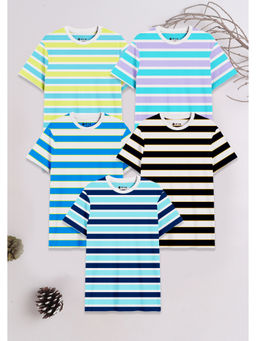 3PIN - Boys Multi-Color Cotton Striped Crew Neck T-Shirts (Pack of 5)
