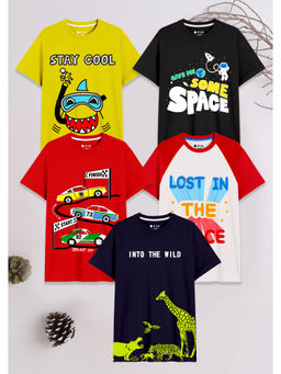3PIN - Boys Multi-Color Cotton Printed Crew Neck T-Shirts