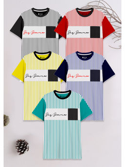 3PIN - Boys Multi-Color Cotton Stripes Crew Neck T-Shirts