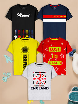 3PIN - Boys Multi-Color Cotton Typography Crew Neck T-Shirts