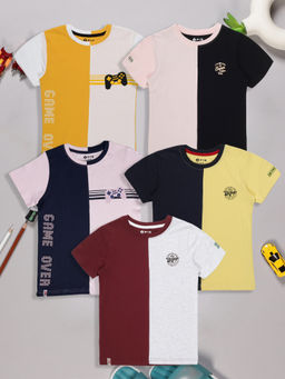 3PIN - Boys Multi-Color Cotton Colorblock Crew Neck T-Shirts