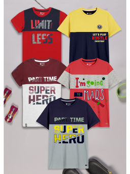 3PIN - Boys Multi-Color Cotton Typography Crew Neck T-Shirts