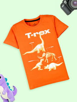 KiddoPanti - Boys Orange Cotton Half Sleeve Printed Round Neck T-Shirt