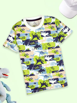 KiddoPanti - Boys Multi-Color Cotton Half Sleeves All Over Diano Printed T-Shirt