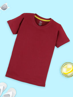 KiddoPanti - Boys Maroon Cotton Half Sleeves Round Neck Solid T-Shirt
