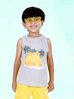 KiddoPanti - Boys Grey Cotton Sleeveless Printed T-Shirt