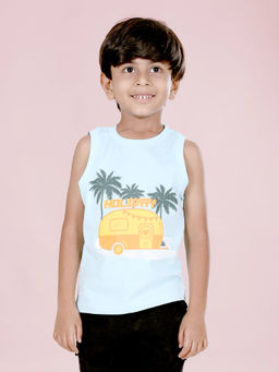KiddoPanti - Boys Blue Cotton Sleeveless Printed T-Shirt