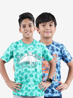 KiddoPanti - Boys Multi-Color Cotton Tie & Dye AOP Dino Printed T-Shirts (Pack of 2)