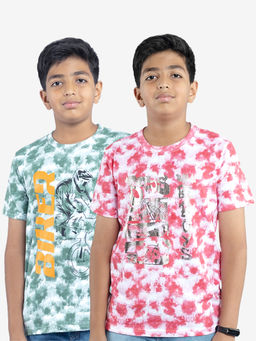 KiddoPanti - Boys Multi-Color Cotton Tie & Dye AOP Biker Printed T-Shirts (Pack of 2)