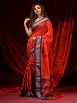 CHARUKRITI - Crimson Red Cotton Silk Check Zari Borders and Striped Pallu Saree with Unstitched Blouse