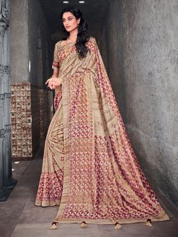 Akhilam - Womens Silk Blend Beige Printed Designer Saree with Unstitched Blouse