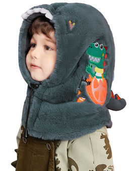 Little Surprise Box - Grey Furry Dino Theme Winter Cap Covering Mouth Neck & Head