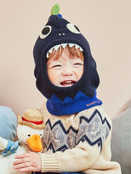 Little Surprise Box - Knitted Blue Border Dino Theme Winter Cap Covering Neck Ears & Head