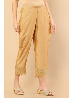 Soch - Gold Chanderi Straight Pants with Embroidered Borders and Mirror Work