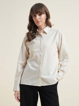 Beatnik - Women Beige Oversized Dobby Striped Cuffed Sleeve Casual Shirt