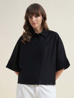 Beatnik - Women Black Oversized Tencel 3/4 Flared Sleeve Casual Western Shirt