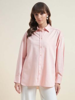 Beatnik - Women Pink Oversized Poplin Full Sleeve Office Wear Formal Shirt