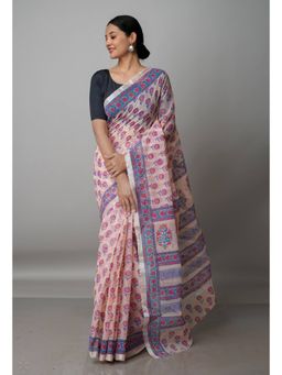 Unnati Silks - Peach Pure Block Printed Kota Cotton Saree with Unstitched Blouse