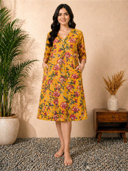 SILSELAH - Mustard Floral Midi Dress