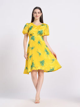 SILSELAH - Yellow Print Fit and Flare Dress