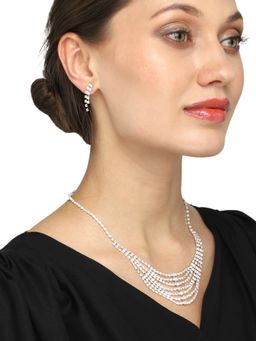 Yellow Chimes - Silver-Plated and White AD and Crystal Studded Jewellery Set