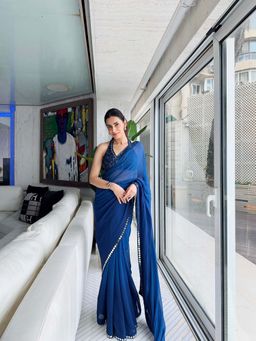 Twenty Nine - Women's Blue Smriti Khanna Embellished Saree With Bralette with Stitched