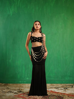 AHI Clothing - Black Indo Pre Drape Saree With Stitched Blouse with Stitched