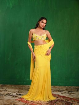 AHI Clothing - Sunshine Yellow Pre Drape Saree With Stitched Blouse with Stitched