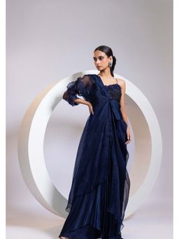 SMRITI - Navy Blue Azul Rush Gown Dress and Cape Set