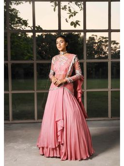 ISHA GUPTA TAYAL - Pink Chiffon Embroidered Pre-draped Saree with Stitched Blouse with Stitched