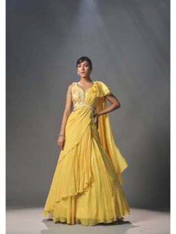 ISHA GUPTA TAYAL - Yellow Embroidered Pre-draped Saree with Stitched Blouse with Stitched