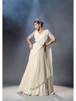 ISHA GUPTA TAYAL - White Embroidered Pre-draped Saree with Stitched Blouse with Stitched
