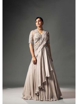 ISHA GUPTA TAYAL - Grey Chiffon Embroidered Pre-draped Saree with Stitched Blouse with Stitched