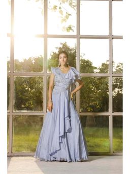 ISHA GUPTA TAYAL - Blue Embroidered Pre-draped Saree with Stitched Blouse & Jacket with Stitched