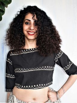 Chidiyaa - Blue Printed Crop Top Cotton Blouse