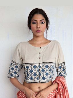 Chidiyaa - Ivory Grey Printed Crop Top Cotton Blouse