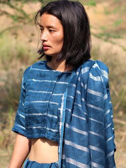 Chidiyaa - Blue A Line Handwoven Linen Zari Blouse
