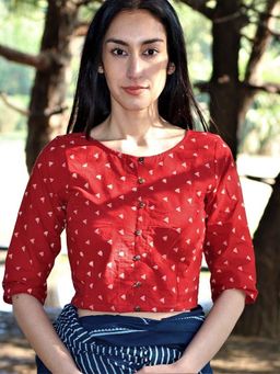 Chidiyaa - Red Printed Crop Top Cotton Blouse