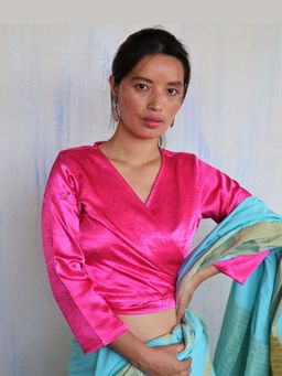 Chidiyaa - Pink Tie-Up Sahar Mashru Silk Blouse