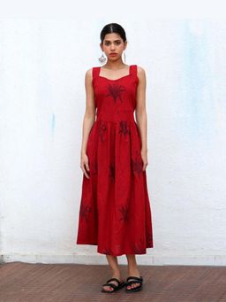 Chidiyaa - Isra Block printed Cotton Red Dress